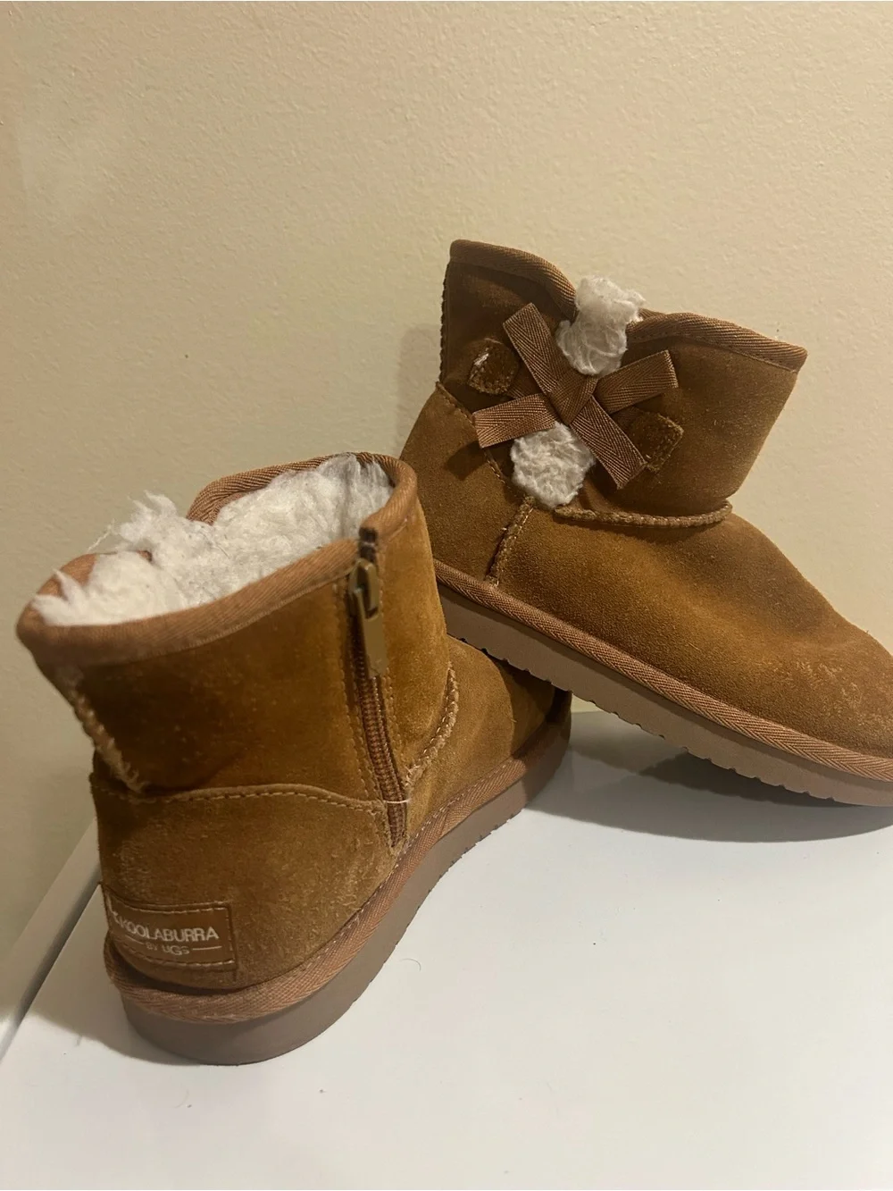 Koolaburra Chestnut Suede Kids Boots with Bow and Sherpa Trim